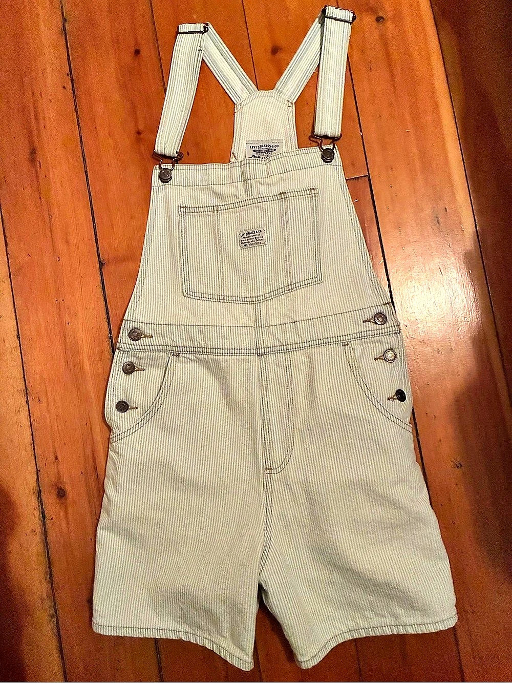 Levi'Small Vintage Striped Shortall Overalls Cream & Blue Small
